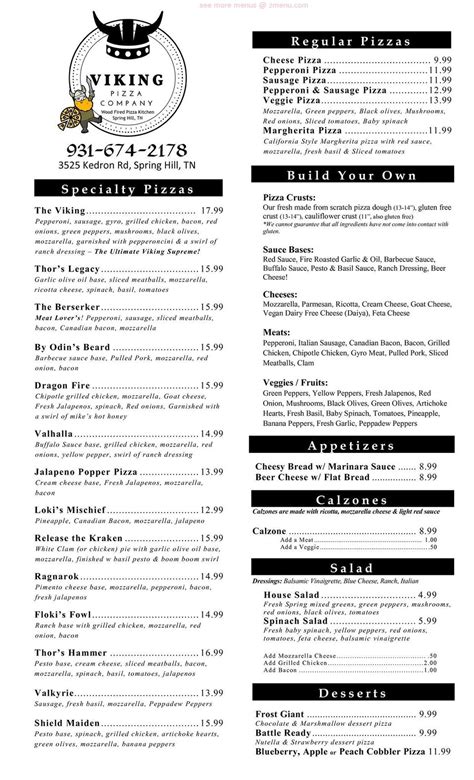 Catfish is no longer on the <strong>menu</strong> and hasn’t been for months. . Viking pizza company spring hill menu